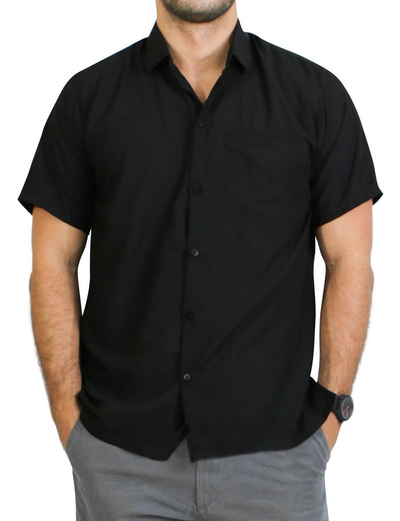 LA LEELA Mens Short Sleeve Button Down Solid Shirt Casual Camp Shirts for Men Summer Beach Business Vacation Work Shirt Tees with Pocket L Black Plain - Image 2